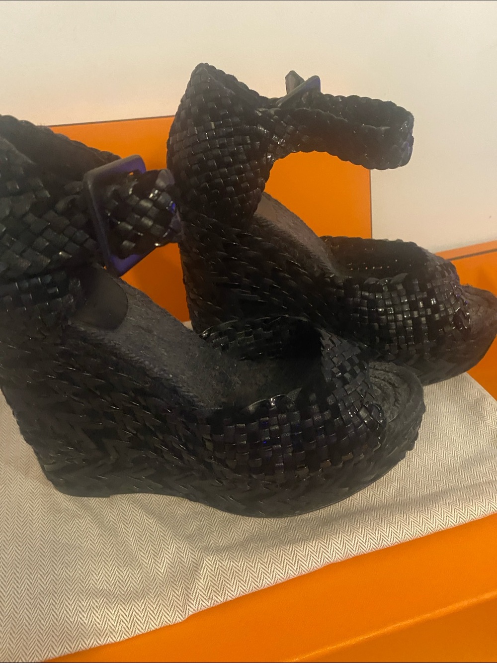 Hermes Black Woven Ankle-Strap Wedge Sandals with Espadrille Sole